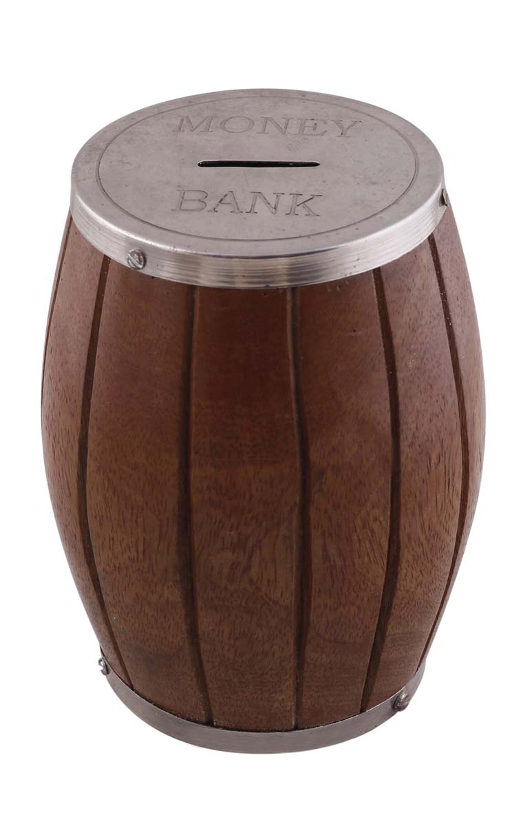 Wholesale 6.2” Barrel Shaped Piggy/Money Bank - Handmade Wood Brown Coin/Penny Bank with Metal Finishing - Kids Nursery/Home Decor Gifts from India