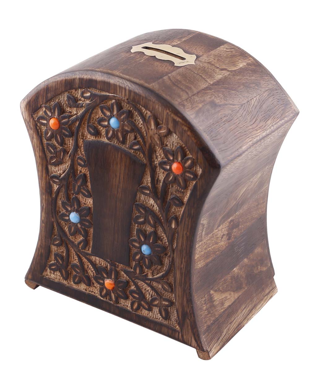 Wholesale 6.5” Wood Piggy/Money Bank - Handmade Rustic-Look Coin Bank/Penny Bank with Floral Motif Carving and Colorful Beads - Kids Nursery/Home Decor Gifts from India