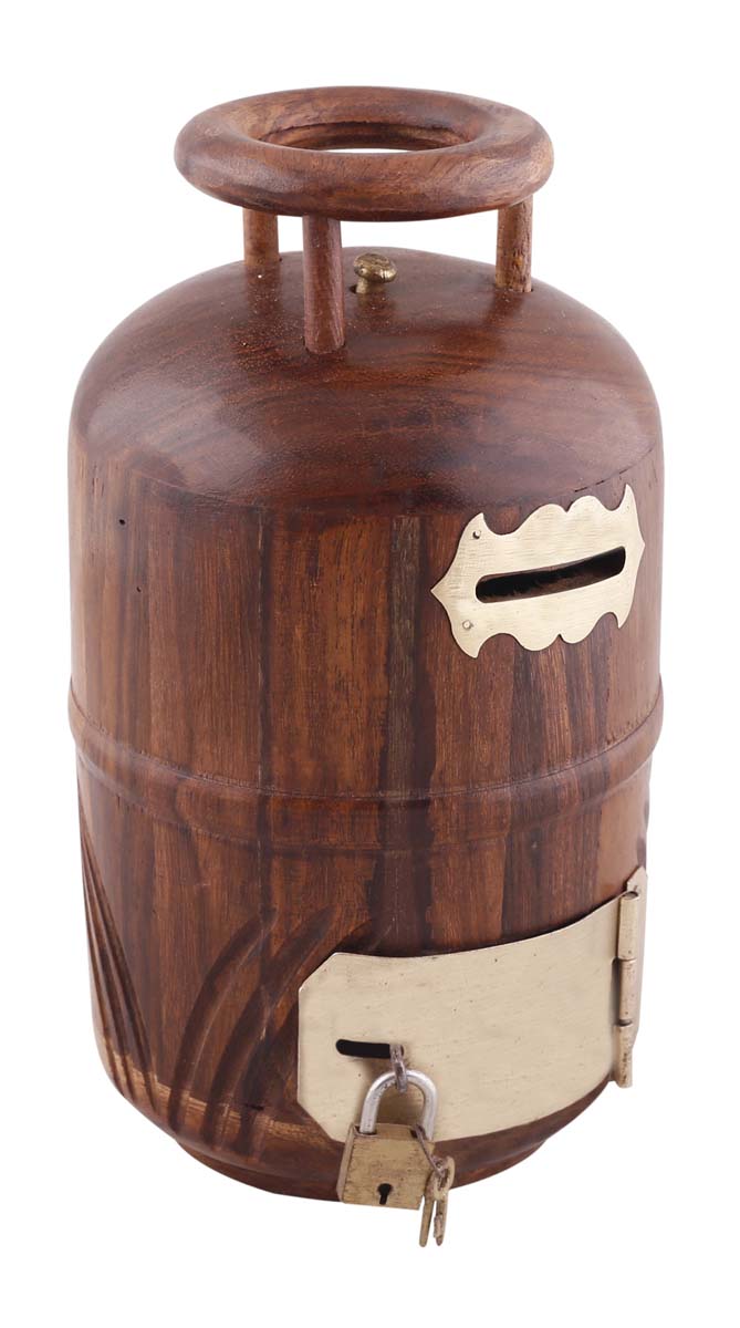 Wholesale 7” Cylinder-Shaped Cute Piggy/Money Bank - Handmade Wood Rustic Look Brown Coin Bank with Golden Brass Lock & Key Set - Kids Nursery/Home Decor Gifts from India