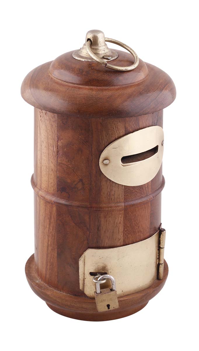 Wholesale Wooden Post-Box Piggy/Money Bank - 7.5” Hand Carved Wood Coin Bank/Piggy Bank with Golden Brass Lock and Key Set - Kids Nursery/Home Decor