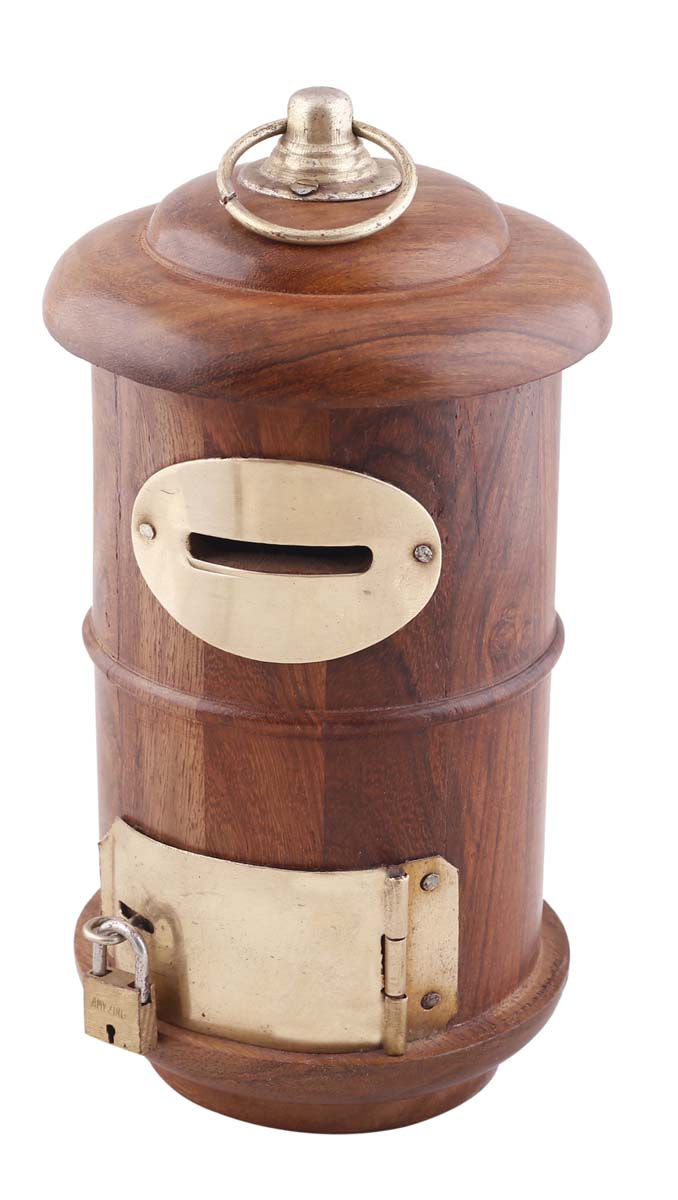 Wholesale Wooden Post-Box Piggy/Money Bank - 7.5” Hand Carved Wood Coin Bank/Piggy Bank with Golden Brass Lock and Key Set - Kids Nursery/Home Decor
