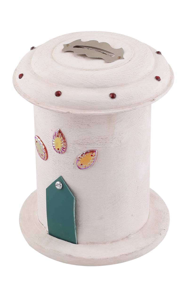 Wholesale 6” Post-Box Piggy/Money Bank - Handmade Wood White Coin/Penny Bank Decorated with Beads - Kids Nursery/Home Decor Gifts from India