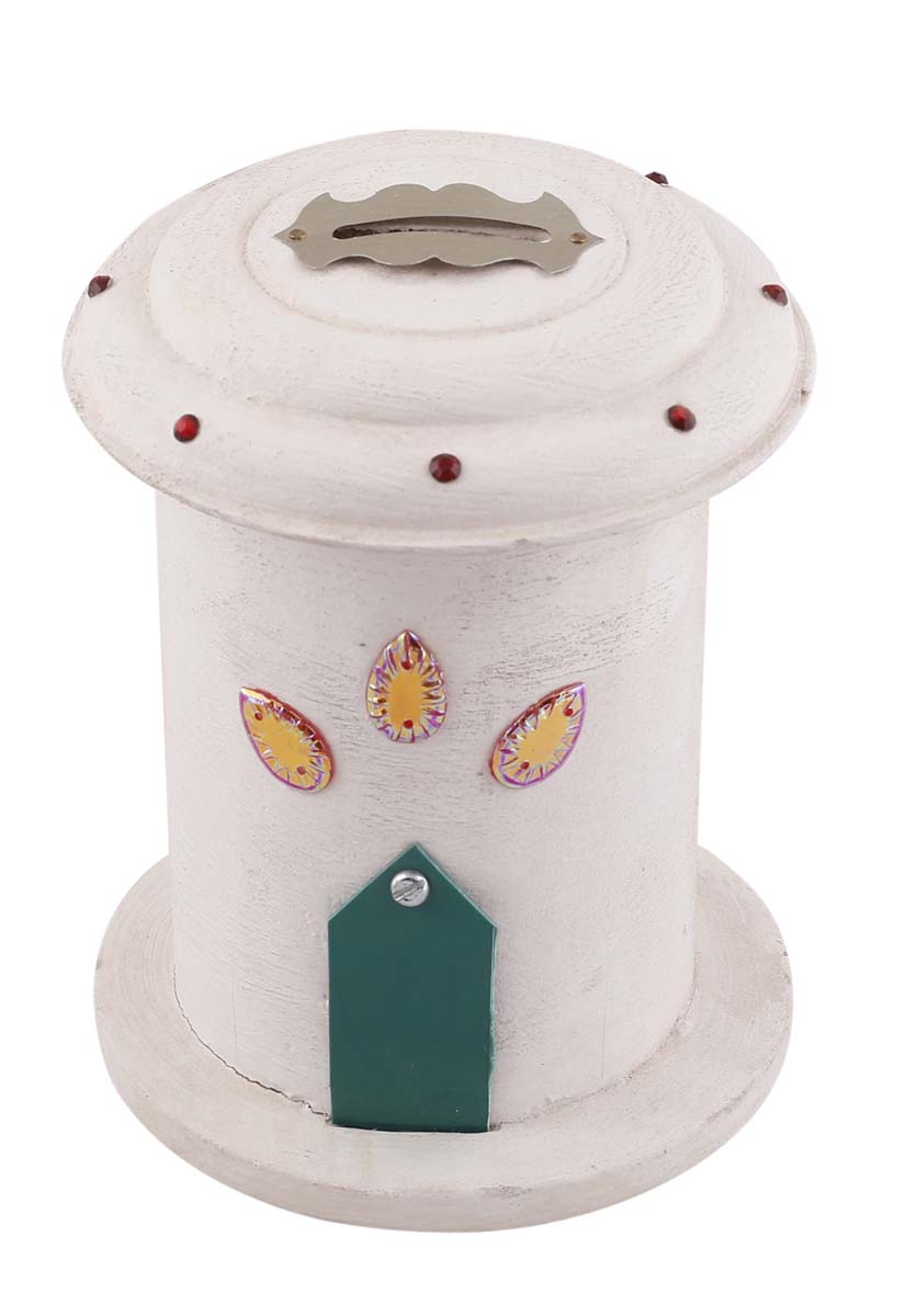 Wholesale 6” Post-Box Piggy/Money Bank - Handmade Wood White Coin/Penny Bank Decorated with Beads - Kids Nursery/Home Decor Gifts from India