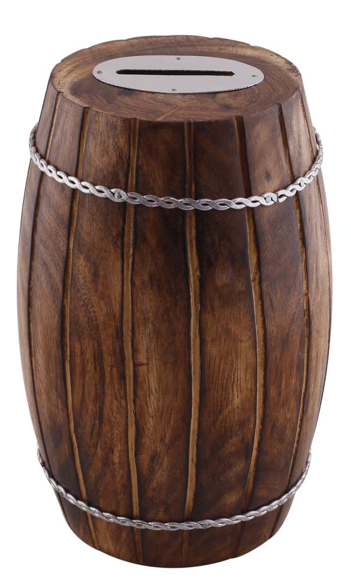 Wholesale Wood 7” Piggy/Money Bank - Rustic-Look Barrel Shaped Brown Coin Bank Decorated with - Kids Nursery/Home Decor Gifts from India