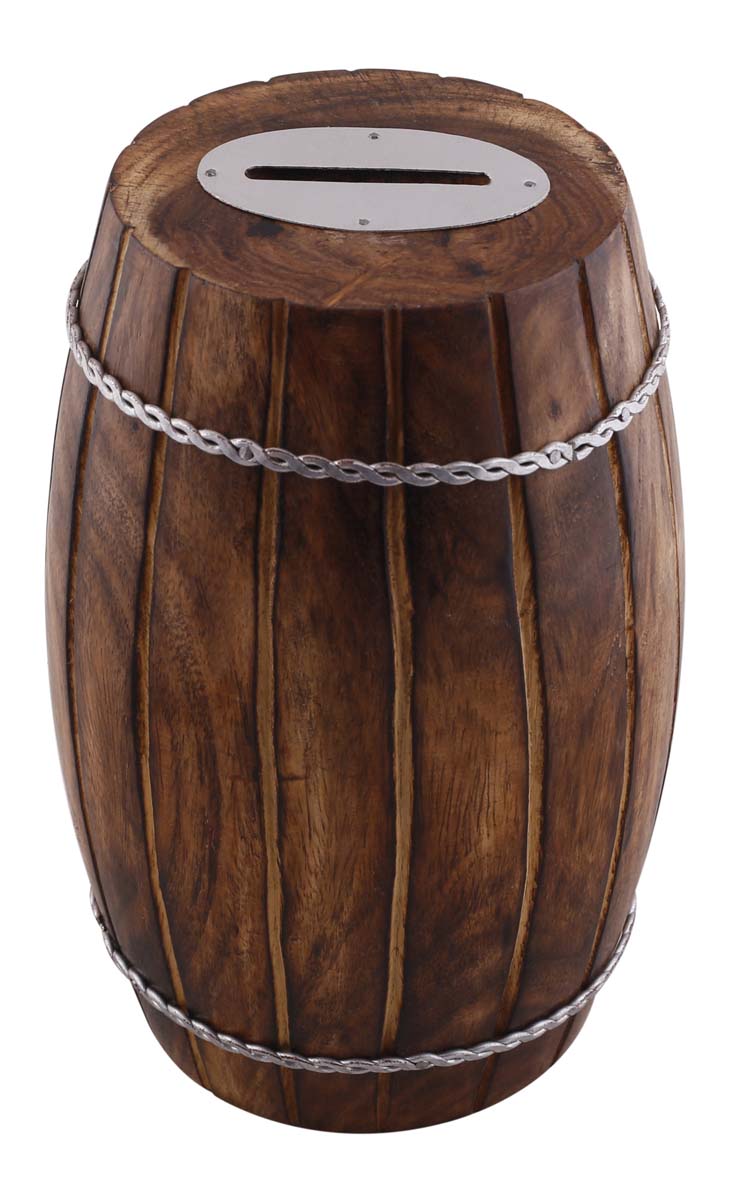 Wholesale Wood 7” Piggy/Money Bank - Rustic-Look Barrel Shaped Brown Coin Bank Decorated with - Kids Nursery/Home Decor Gifts from India