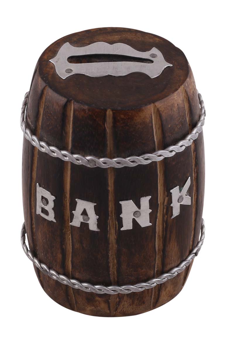 Wholesale Wood Barrel Shaped 4” Piggy/Money Bank - Rustic-Look Barrel Shaped Brown Coin Bank Decorated with Etching and Iron Chains - Kids Nursery/Home Decor Gifts from India