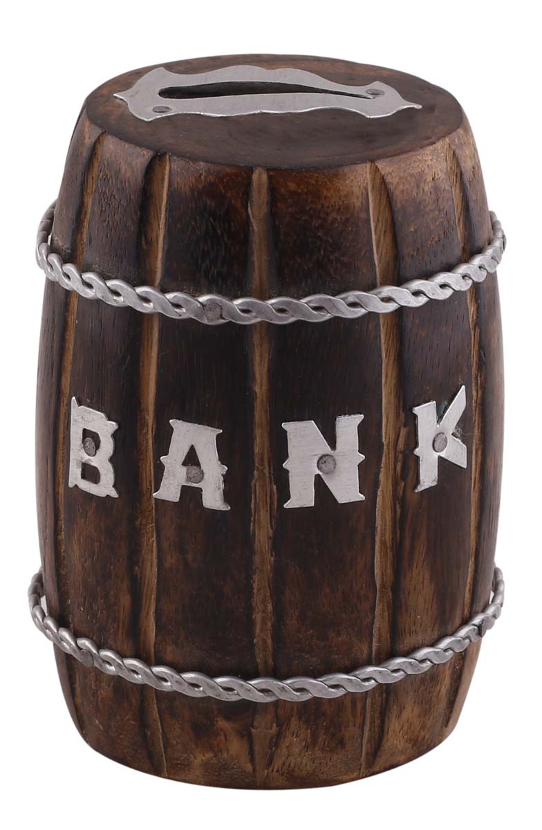 Wholesale Wood Barrel Shaped 4” Piggy/Money Bank - Rustic-Look Barrel Shaped Brown Coin Bank Decorated with Etching and Iron Chains - Kids Nursery/Home Decor Gifts from India