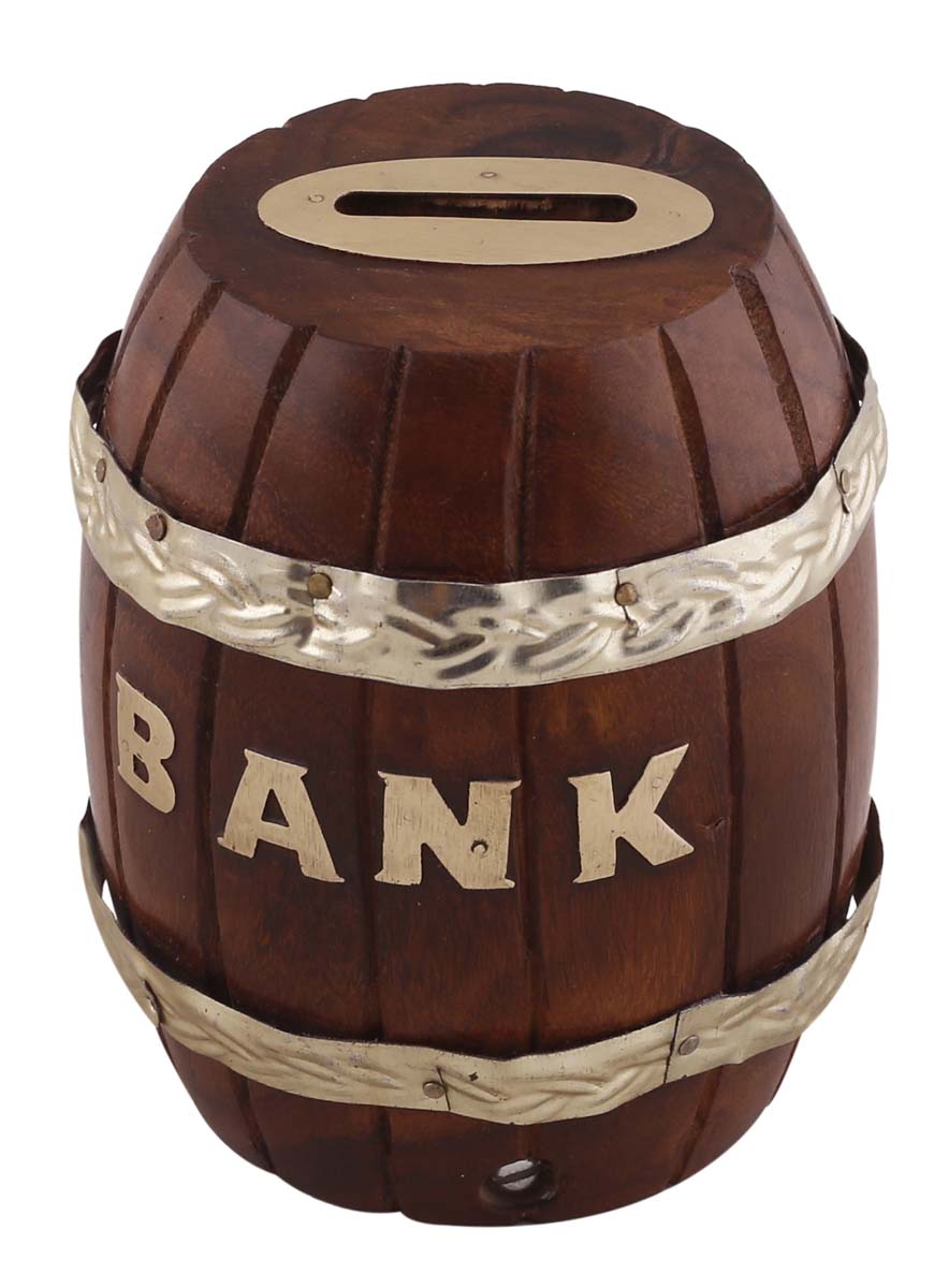 Wholesale Wood Barrel Shaped 4” Piggy/Money Bank - Rustic-Look Barrel Shaped Brown Coin Bank Decorated with Etching and Golden Brass Work - Kids Nursery/Home Decor Gifts from India