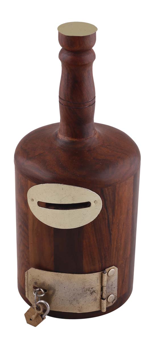 Wholesale Bottle Shaped8.5”Wood Piggy/Money Bank - Rustic-Look Brown Coin Bank Decorated with Lock and Key Set and Golden Brass Work - Kids Nursery/Home Decor Gifts from India