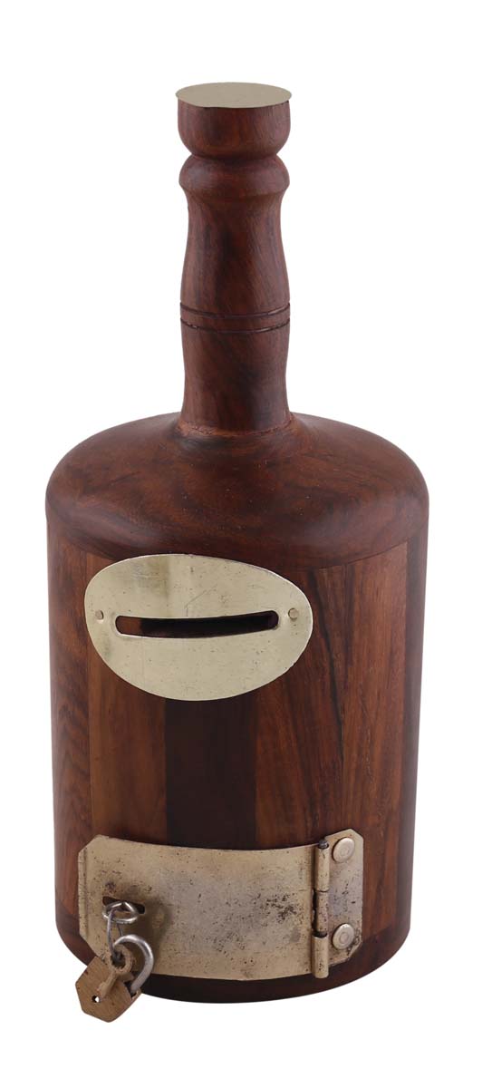Wholesale Bottle Shaped8.5”Wood Piggy/Money Bank - Rustic-Look Brown Coin Bank Decorated with Lock and Key Set and Golden Brass Work - Kids Nursery/Home Decor Gifts from India