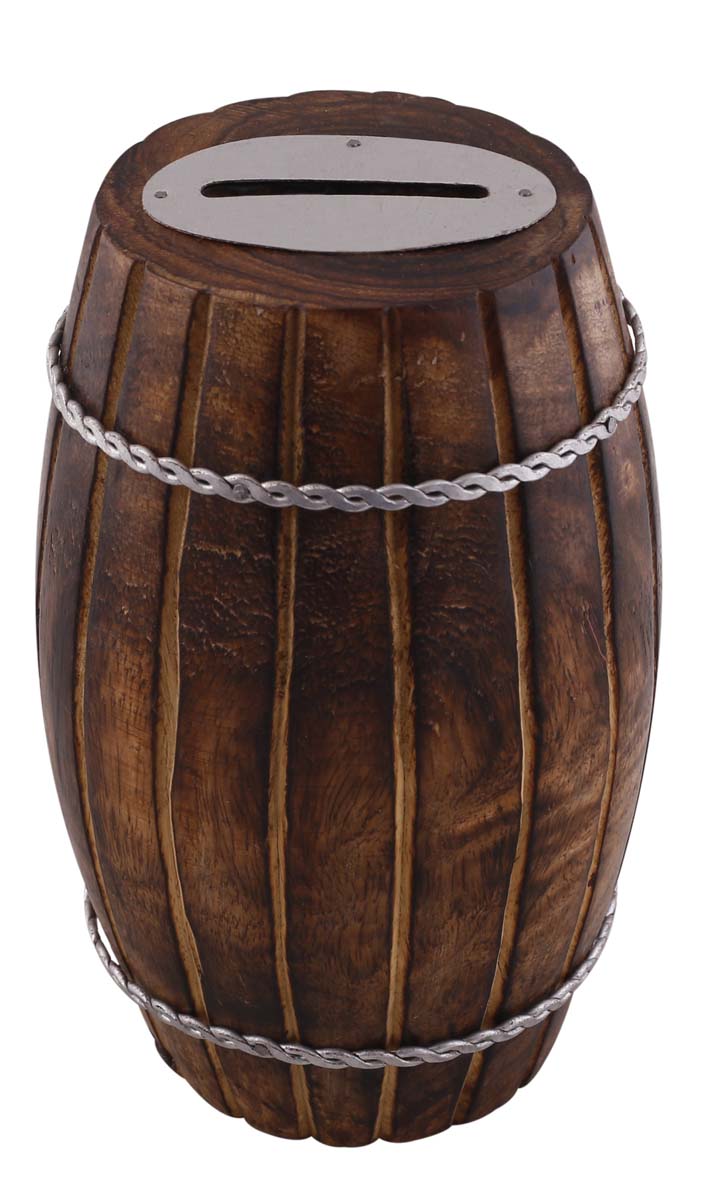 Wholesale Wood 6” Piggy/Money Bank - Rustic-Look Barrel Shaped Brown Coin Bank Decorated with AluminumChains - Kids Nursery/Home Decor Gifts from India