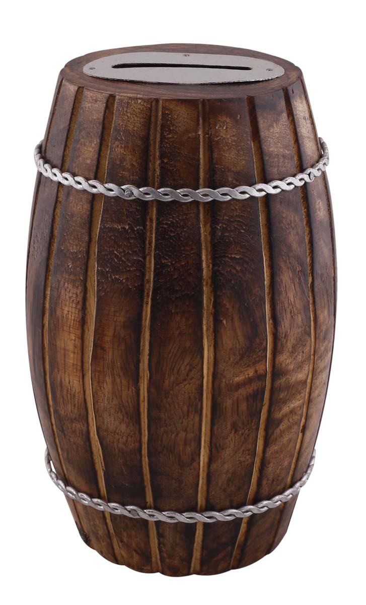 Wholesale Wood 6” Piggy/Money Bank - Rustic-Look Barrel Shaped Brown Coin Bank Decorated with AluminumChains - Kids Nursery/Home Decor Gifts from India