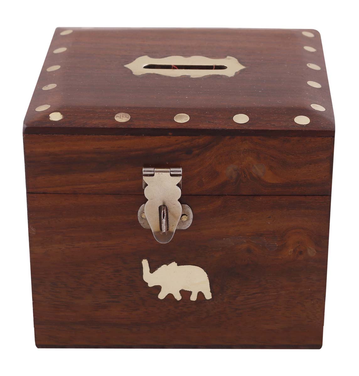 Wholesale Wooden 4.2” Piggy/Money Bank - Antique Look Elephant Motifs Square Shaped Brown Coin Bank in Brass Inlay Work with Metal Lock - Kids Nursery/Home Decor