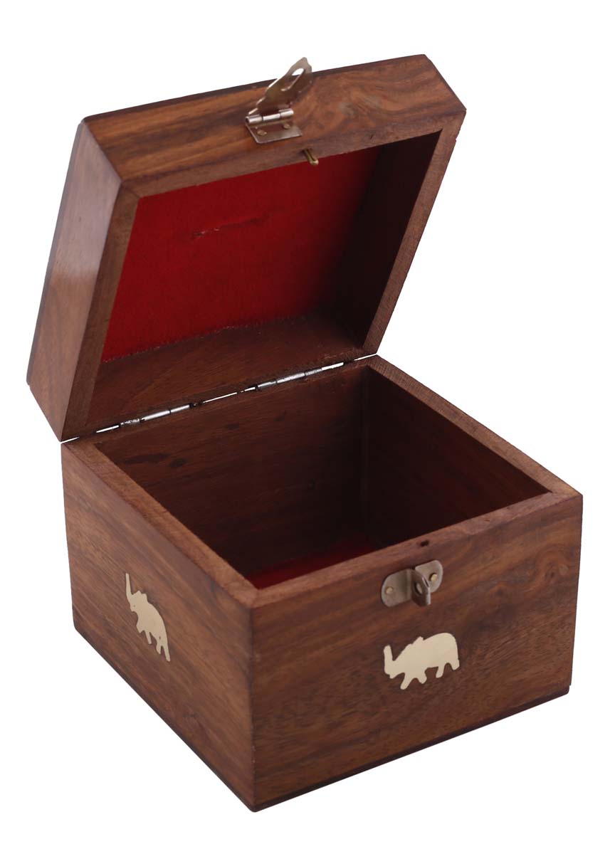 Wholesale Wooden 4.2” Piggy/Money Bank - Antique Look Elephant Motifs Square Shaped Brown Coin Bank in Brass Inlay Work with Metal Lock - Kids Nursery/Home Decor