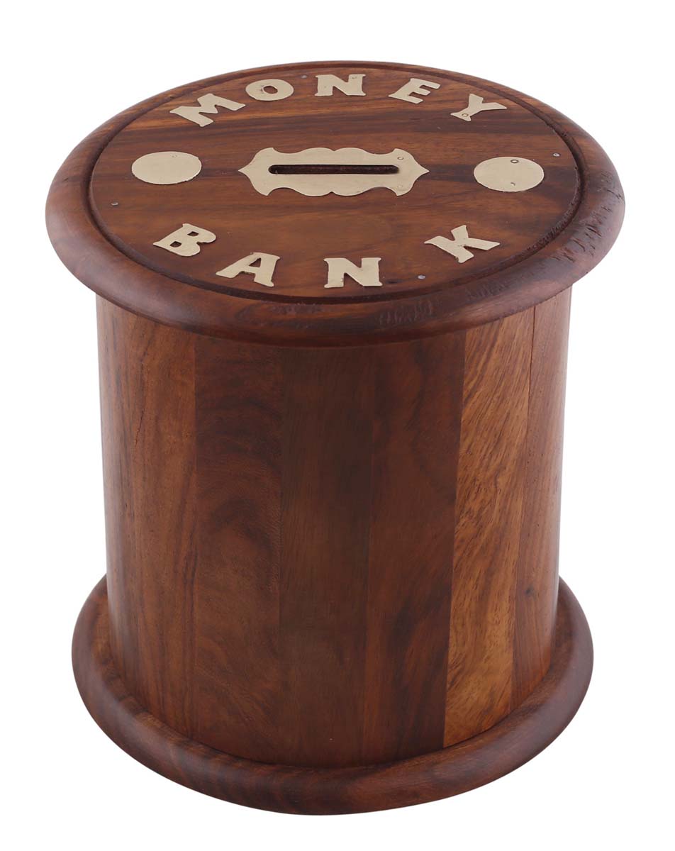 Wholesale Cylindrical Wooden 6” Piggy/Money Bank - Handcrafted Coin/Penny Bank with Golden Brass Inlay Work - Kids Nursery/Home Decor from India