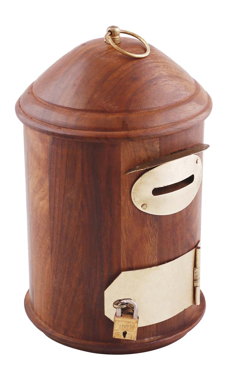 Wholesale Wooden Post-Box Piggy/Money Bank - 7” Hand Carved Wood Coin Bank/Piggy Bank with Golden Brass Inlay Work - Handmade Penny Bank with Lock and Key Set - Kids Nursery/Home Decor from India