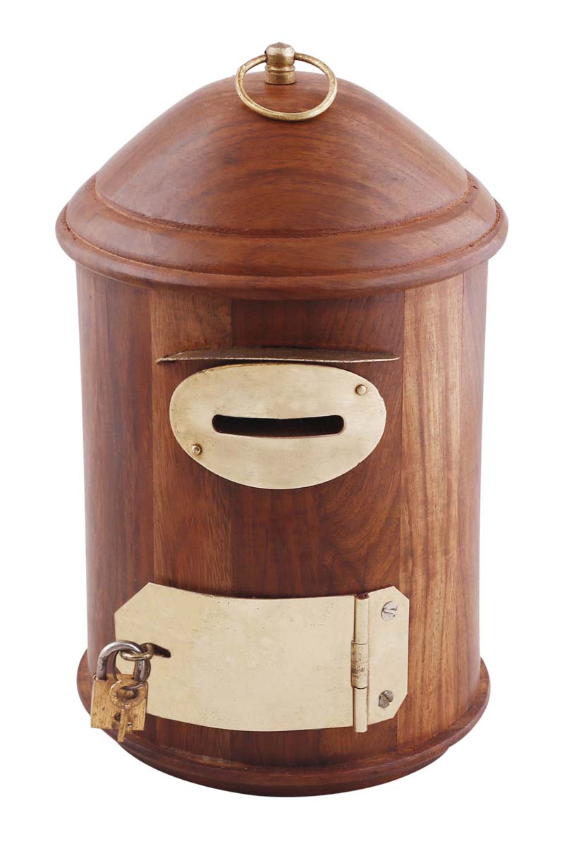 Wholesale Wooden Post-Box Piggy/Money Bank - 7” Hand Carved Wood Coin Bank/Piggy Bank with Golden Brass Inlay Work - Handmade Penny Bank with Lock and Key Set - Kids Nursery/Home Decor from India