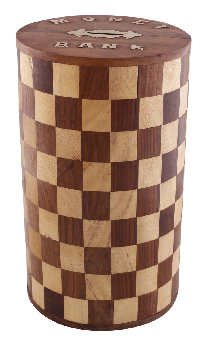 Bulk Source Cylindrical Wooden 10” Piggy/Money Bank - Wholesale Handcrafted Coin/Penny Bank with Chess Pattern & Brass Inlay Work - Kids Nursery/Home Decor from India
