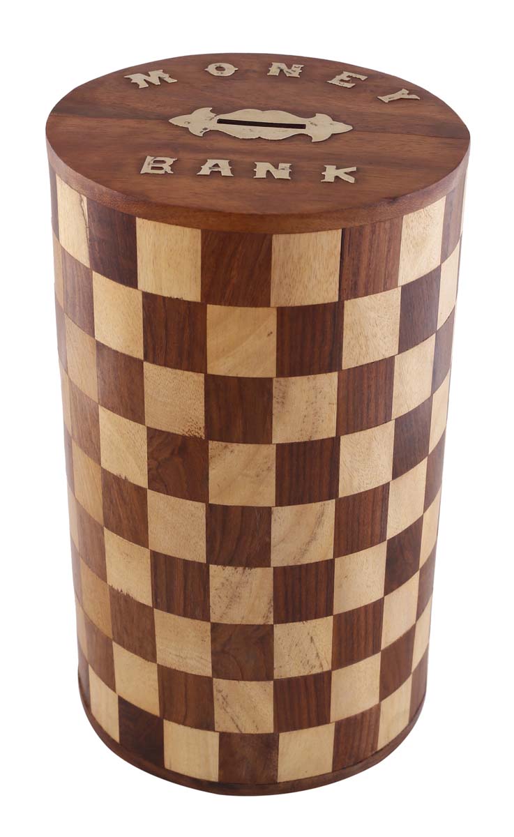Bulk Source Cylindrical Wooden 10” Piggy/Money Bank - Wholesale Handcrafted Coin/Penny Bank with Chess Pattern & Brass Inlay Work - Kids Nursery/Home Decor from India