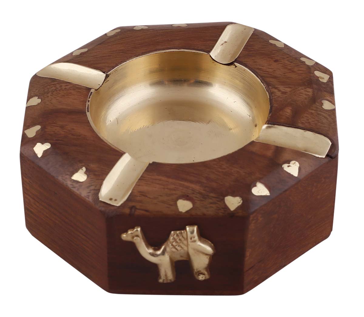 Bulk Wholesale Camel Ashtray in Wood – 4” Hand-Crafted Ash-Catcher with Camel & Heart Motifs in Brass Inlay Work – Vintage-Look Gifts / Décor from India