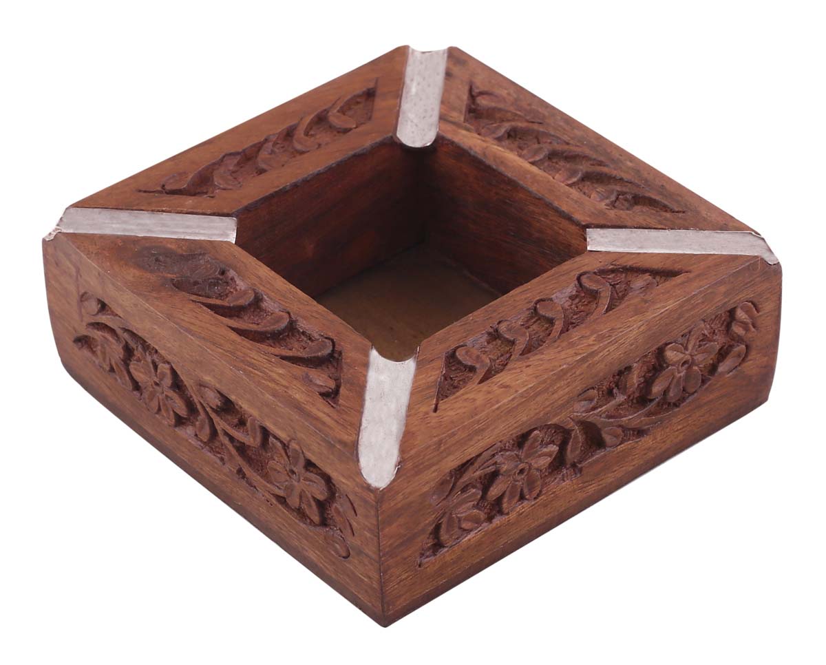 Bulk Wholesale Square Ashtray in Wood – 4” Hand-Carved Ash-Catcher with Floral Motifs– Vintage-Look Gifts / Décor from India