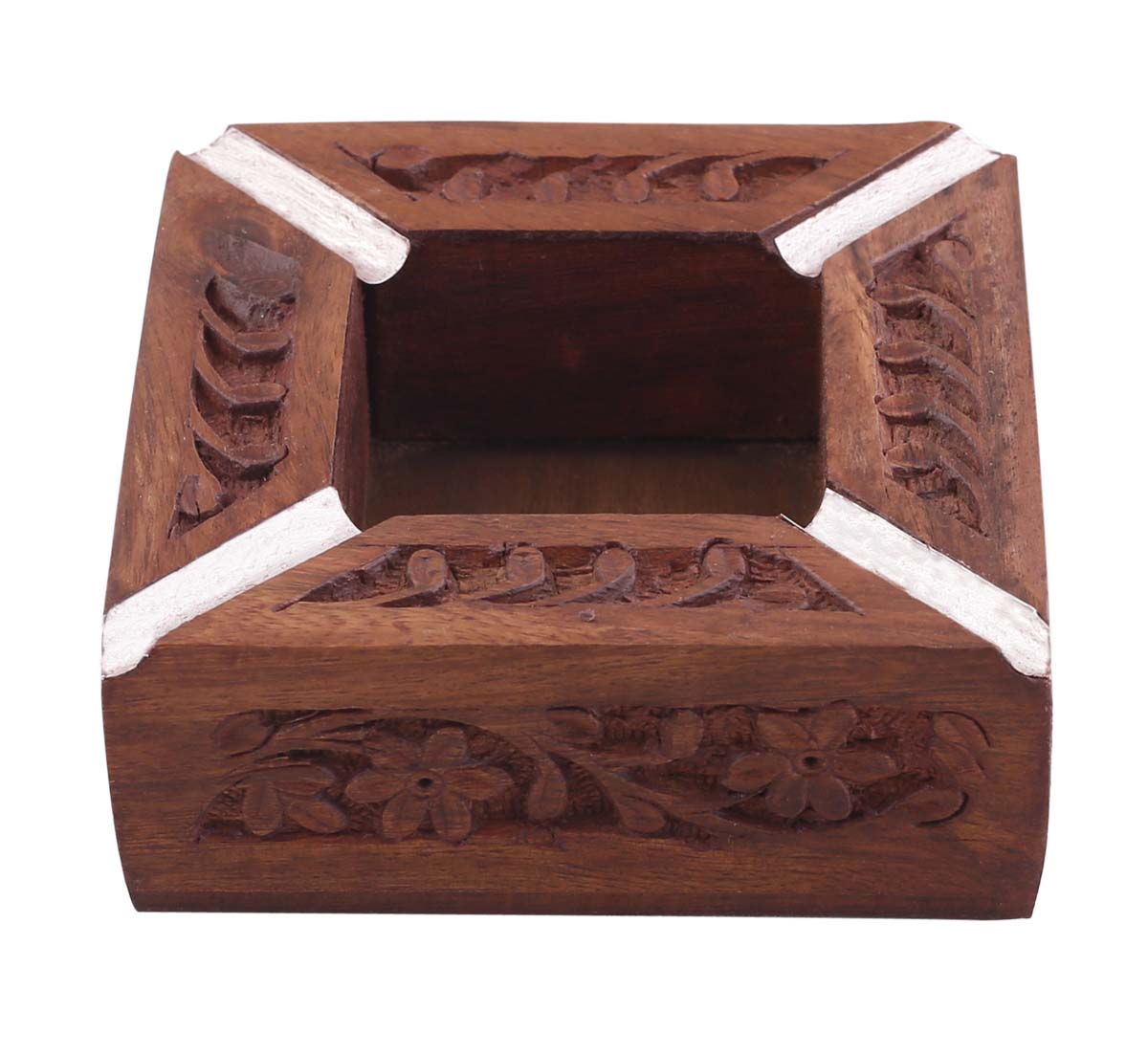 Bulk Wholesale Square Ashtray in Wood – 4” Hand-Carved Ash-Catcher with Floral Motifs– Vintage-Look Gifts / Décor from India