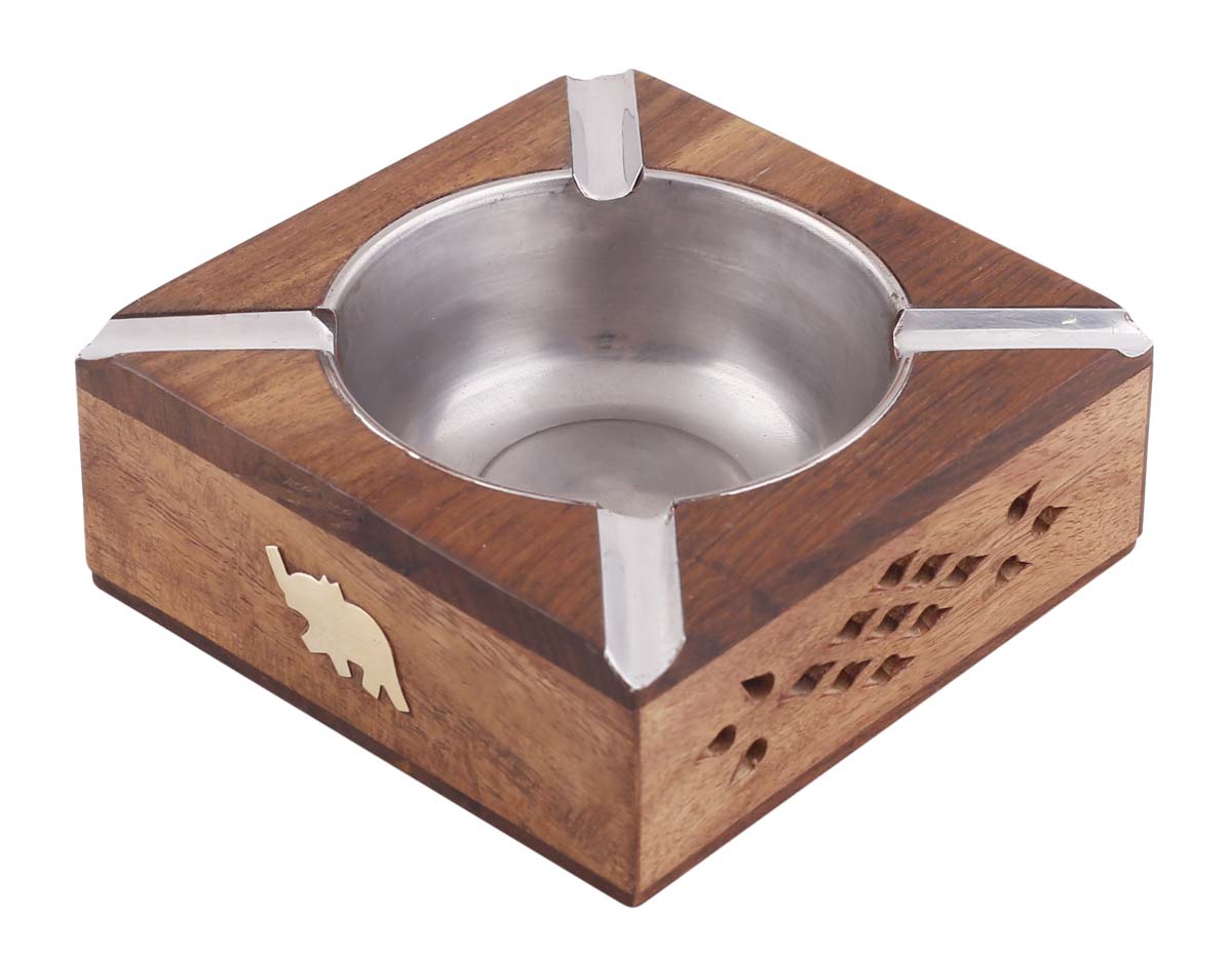 Bulk Wholesale Elephant Ashtray in Wood – 4” Hand-Carved Ash-Catcher with Brass Inlay Work in Silver Color– Vintage-Look Gifts / Décor from India