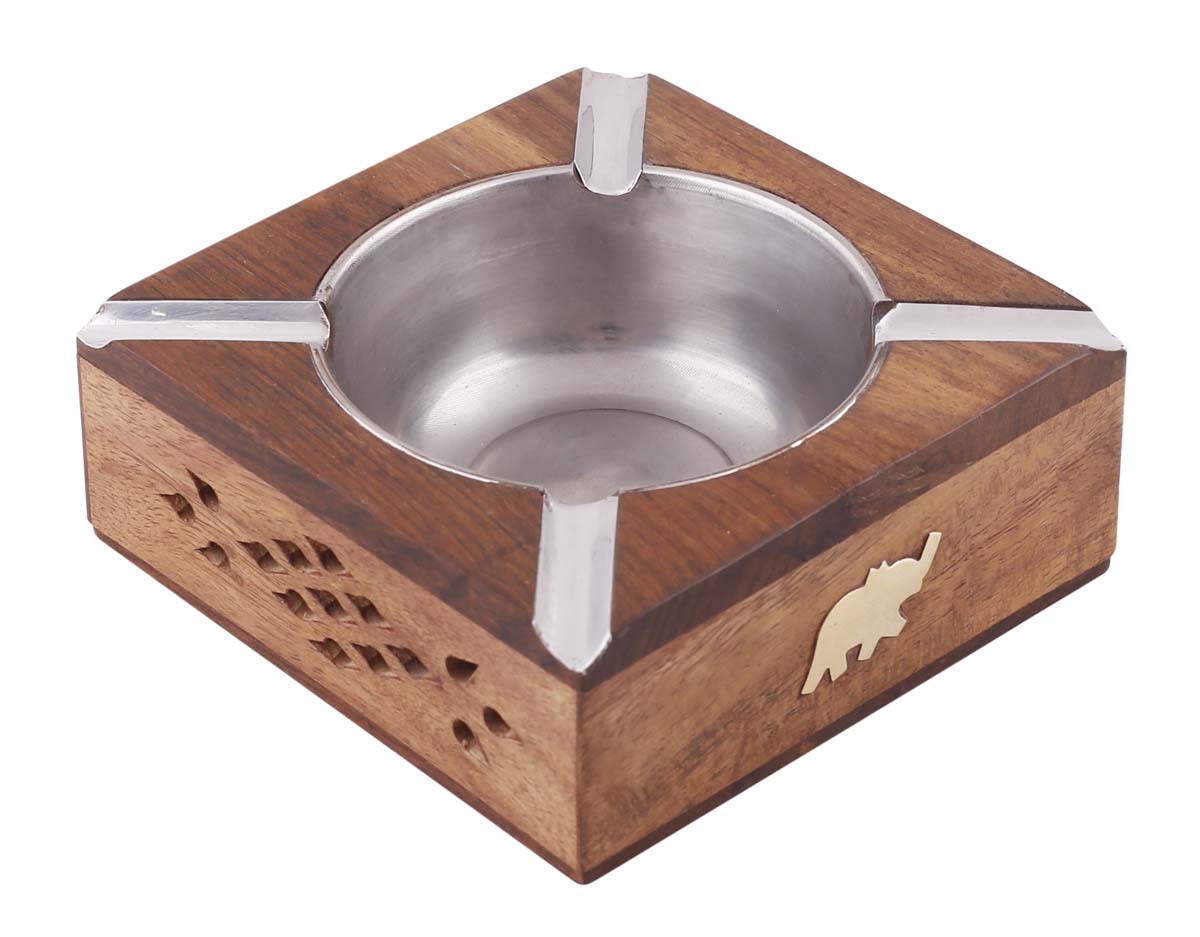 Bulk Wholesale Elephant Ashtray in Wood – 4” Hand-Carved Ash-Catcher with Brass Inlay Work in Silver Color– Vintage-Look Gifts / Décor from India