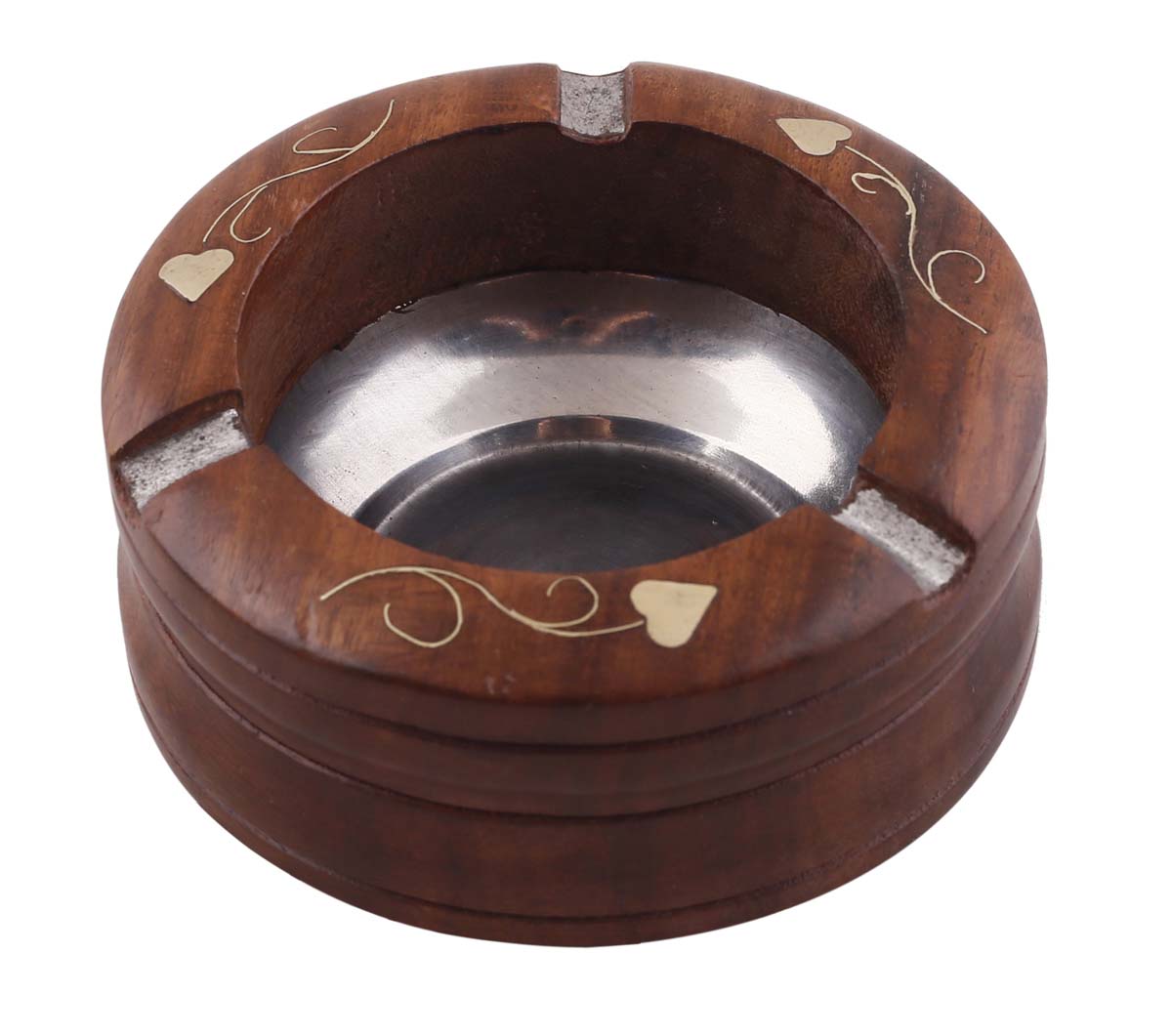 Bulk Wholesale Round Ashtray in Wood – 4” Hand-Carved Ash-Catcher with Brass Inlay Work in Leaf and Vine Motifs – Vintage-Look Gifts / Décor from India
