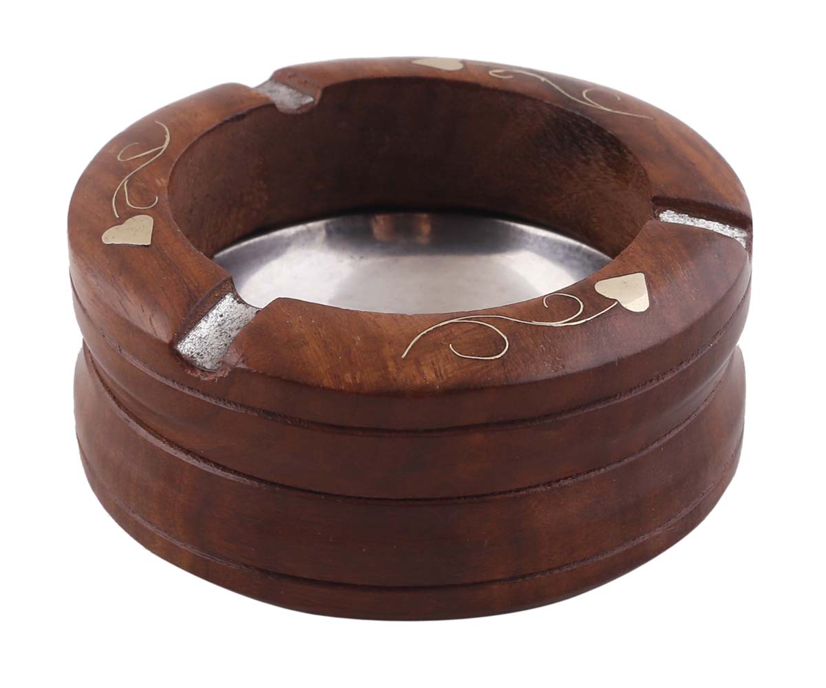 Bulk Wholesale Round Ashtray in Wood – 4” Hand-Carved Ash-Catcher with Brass Inlay Work in Leaf and Vine Motifs – Vintage-Look Gifts / Décor from India