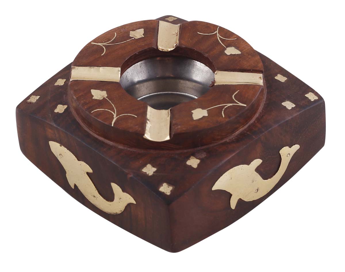 Bulk Wholesale Square Ashtray in Wood – 3.5” Hand-Carved Ash-Catcher with Brass Inlay Work in Fish & Floral Motifs – Vintage-Look Gifts / Décor from India