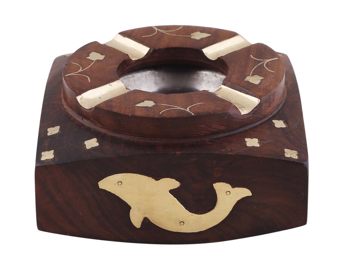 Bulk Wholesale Square Ashtray in Wood – 3.5” Hand-Carved Ash-Catcher with Brass Inlay Work in Fish & Floral Motifs – Vintage-Look Gifts / Décor from India