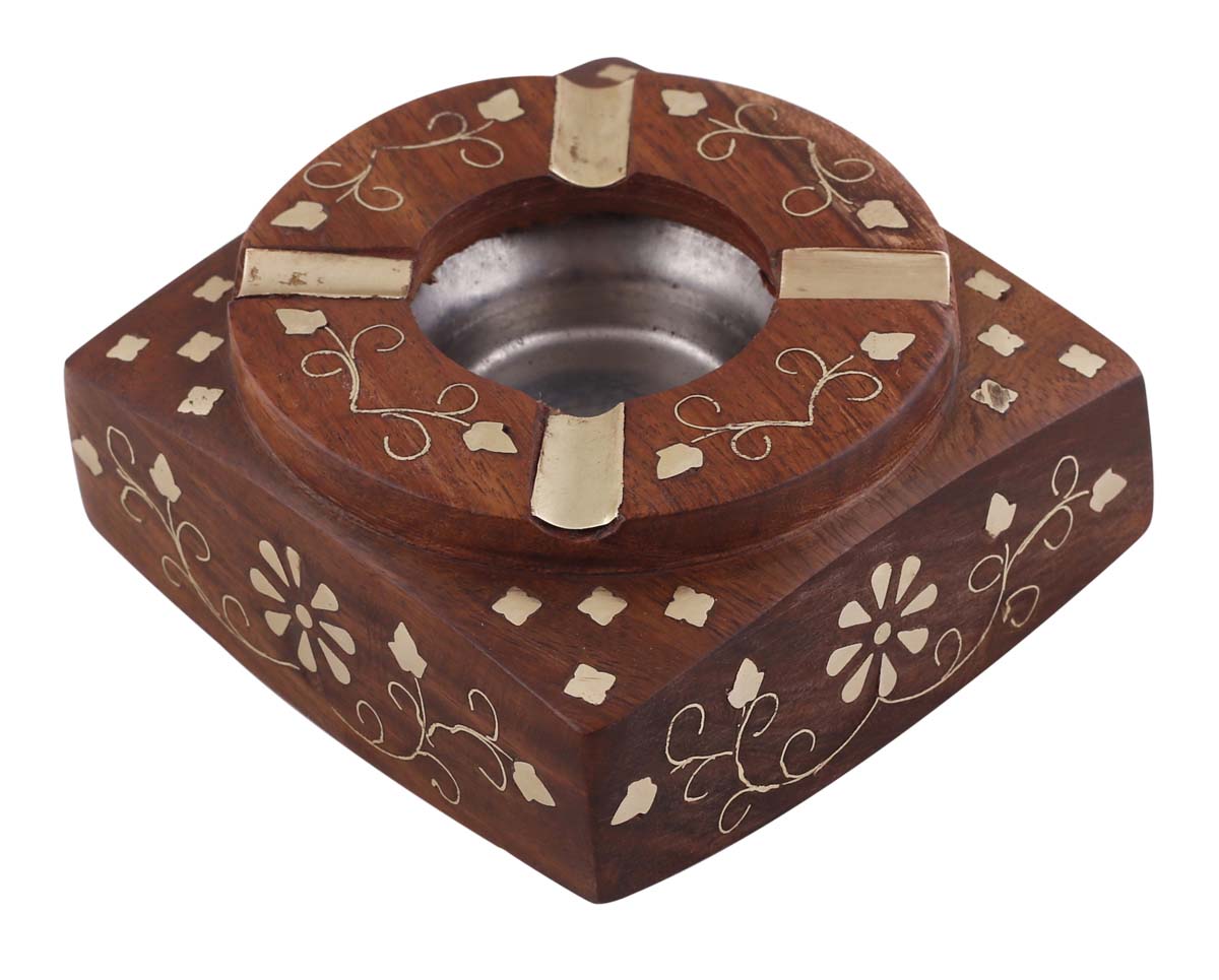 Bulk Wholesale Square Ashtray in Wood – 3.6” Hand-Carved Ash-Catcher with Brass Inlay Work in Vine & Floral Motifs – Vintage-Look Gifts / Décor from India