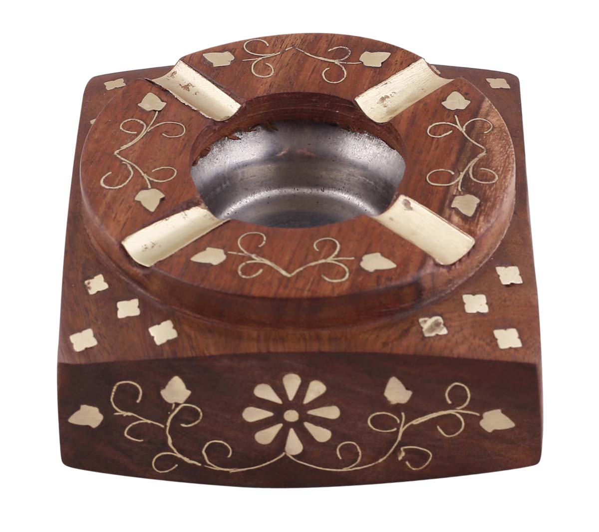 Bulk Wholesale Square Ashtray in Wood – 3.6” Hand-Carved Ash-Catcher with Brass Inlay Work in Vine & Floral Motifs – Vintage-Look Gifts / Décor from India