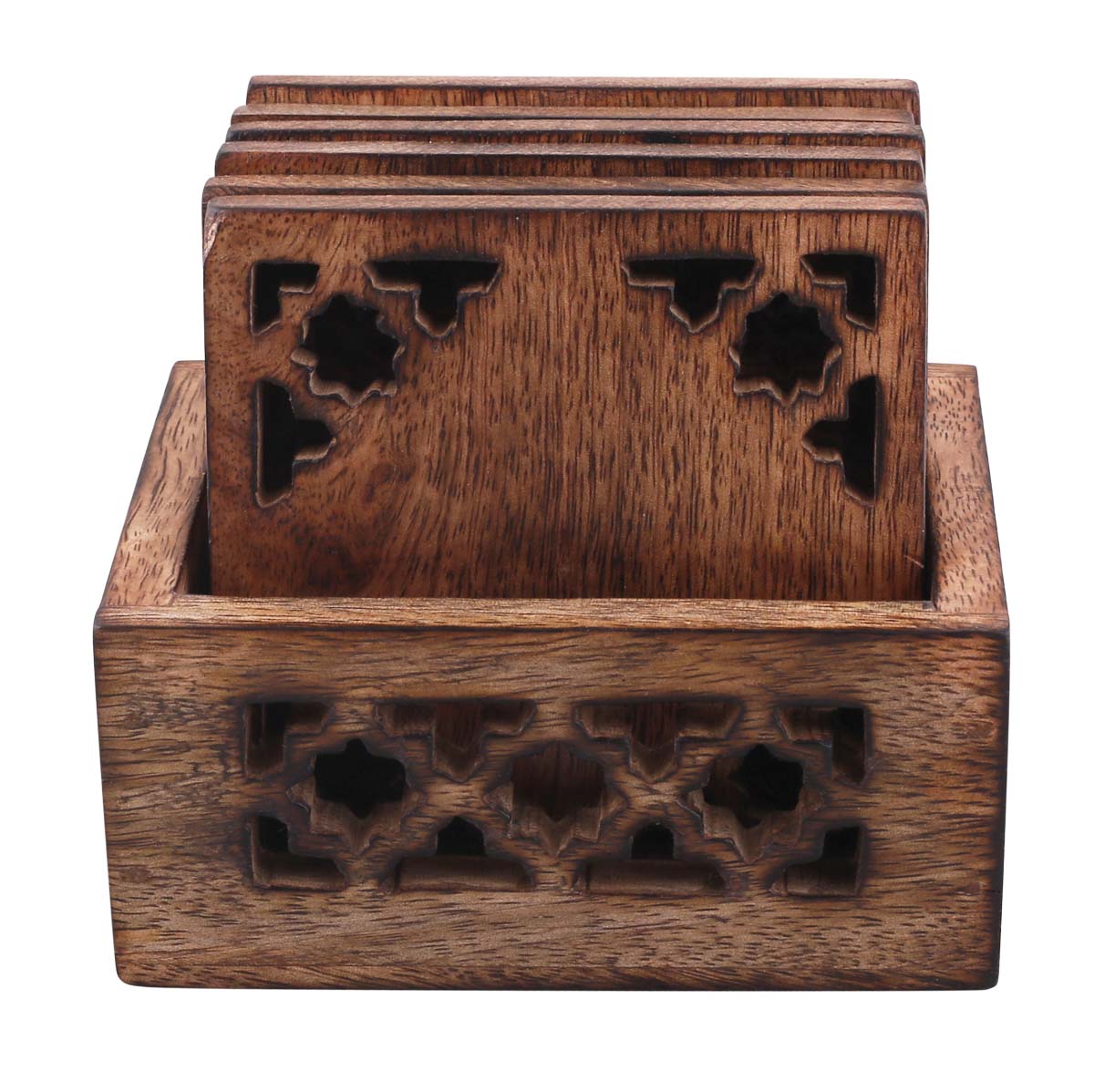 Bulk Wholesale Set of 6 Coasters with Holder in Wood - 4.9” Handcrafted Drink Coasters with Open-Work Carving at the Corners - Antique-Look Kitchen/Dining Essentials from India