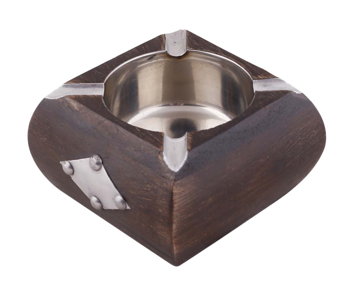 Bulk Wholesale Square Ashtray in Mango-Wood – 4” Hand-Carved Dark-Brown Ash-Catcher with Metal Work in Geometrical Pattern – Vintage-Look Gifts / Décor from India