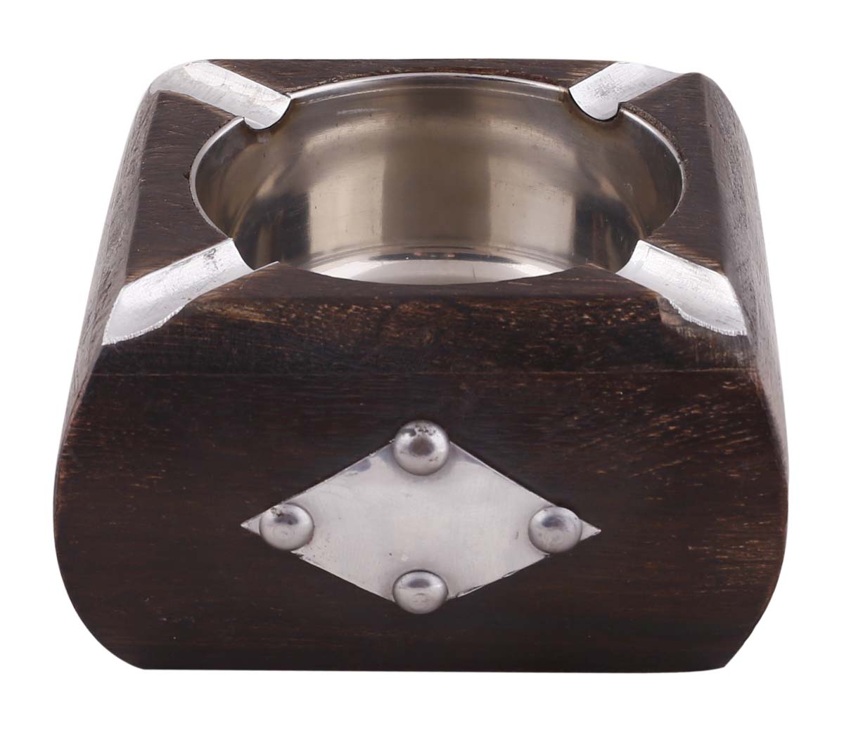 Bulk Wholesale Square Ashtray in Mango-Wood – 4” Hand-Carved Dark-Brown Ash-Catcher with Metal Work in Geometrical Pattern – Vintage-Look Gifts / Décor from India