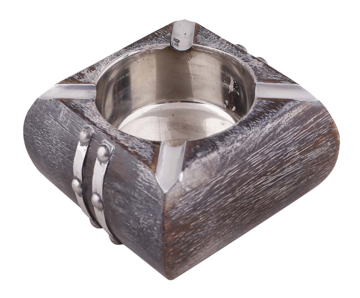 Bulk Wholesale Square Ashtray in Mango-Wood – 4” Hand-Carved Dark-Brown Ash-Catcher with Metal Work – Distressed-Look Gifts / Décor from India