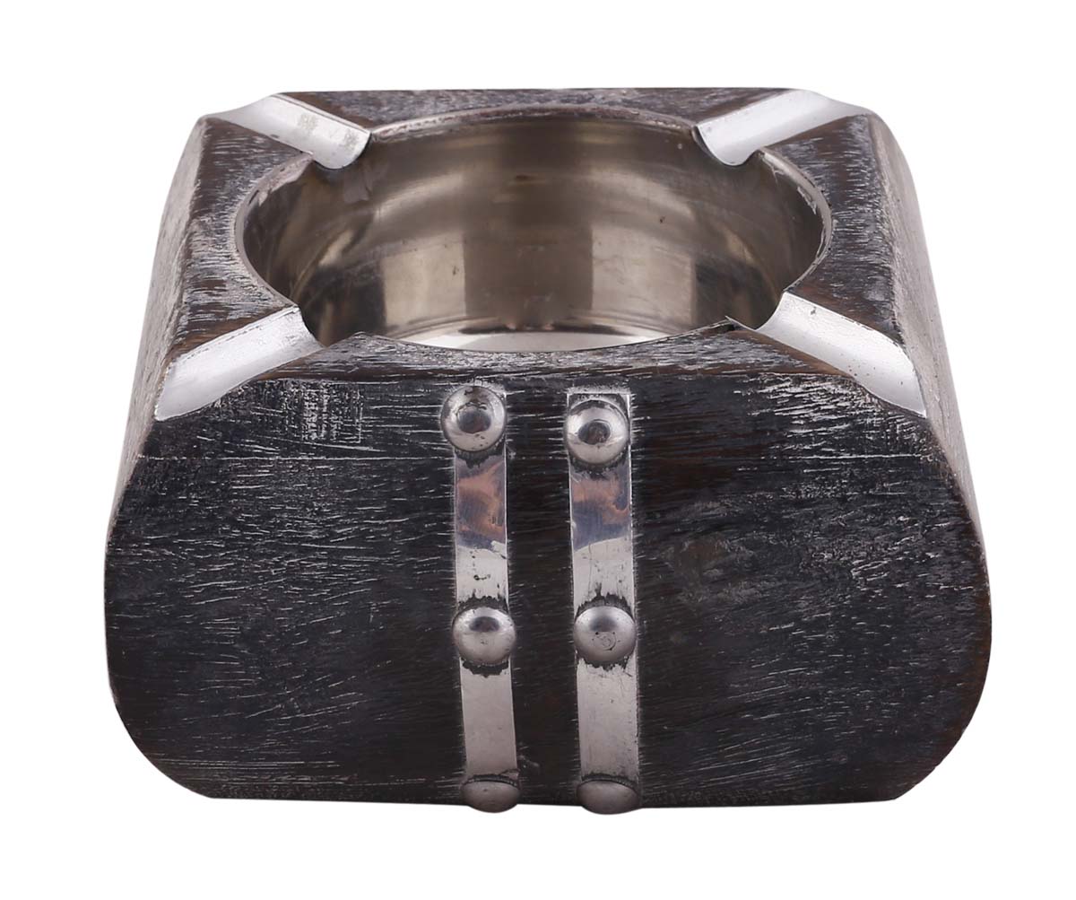 Bulk Wholesale Square Ashtray in Mango-Wood – 4” Hand-Carved Dark-Brown Ash-Catcher with Metal Work – Distressed-Look Gifts / Décor from India