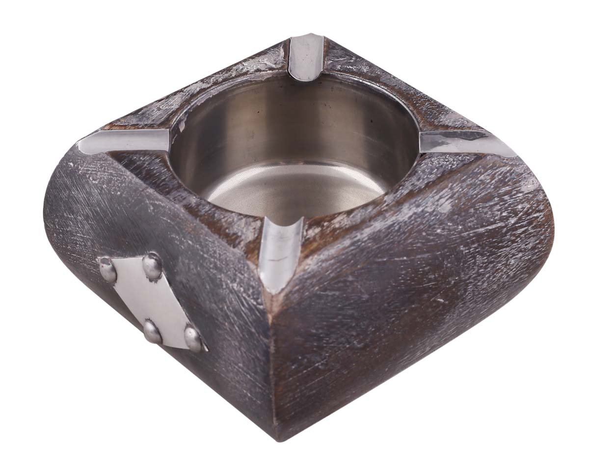 Bulk Wholesale Square Ashtray in Mango-Wood – 4” Hand-Carved Dark-Brown Ash-Catcher with Metal Work – Distressed-Look Gifts / Décor from India