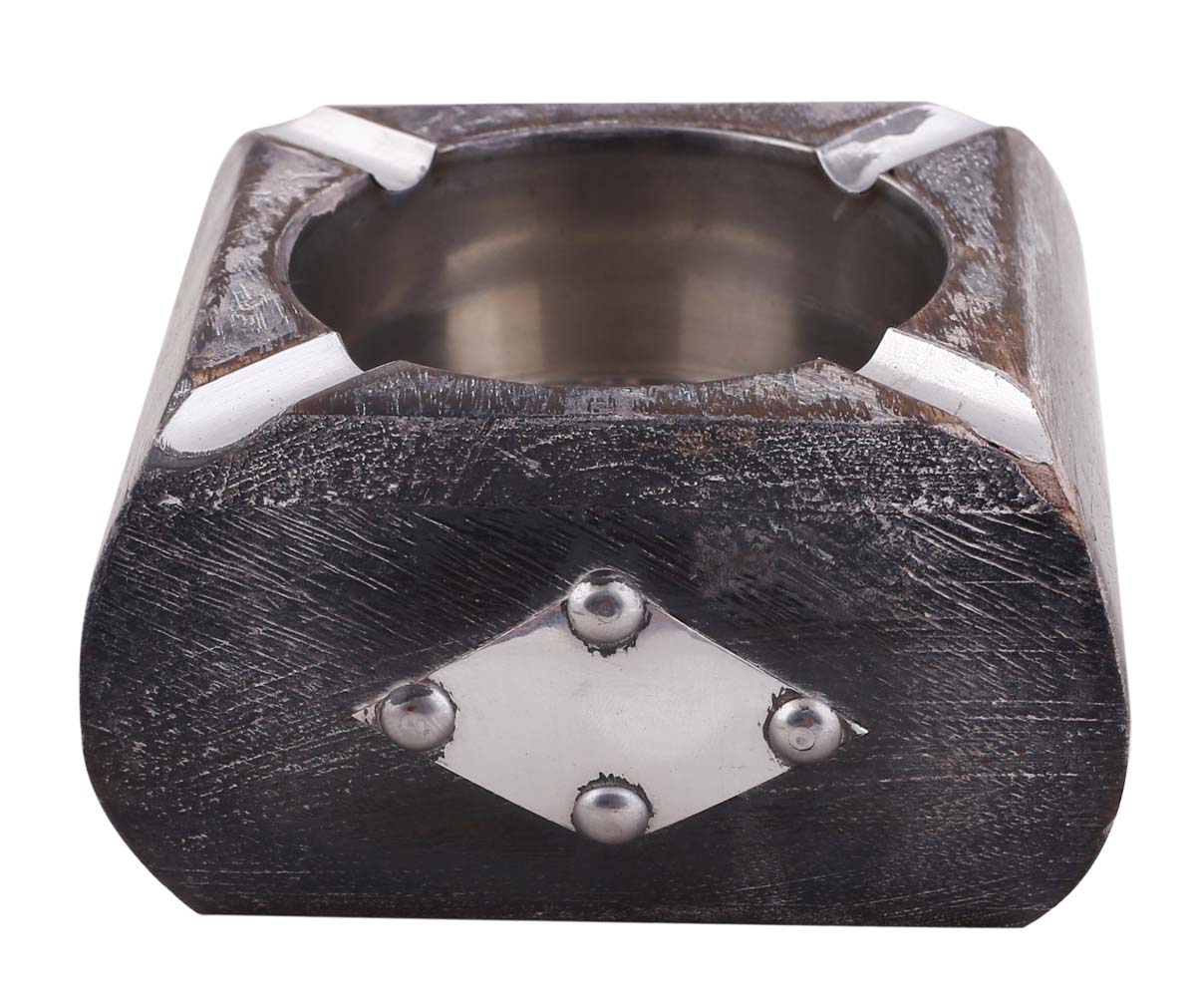 Bulk Wholesale Square Ashtray in Mango-Wood – 4” Hand-Carved Dark-Brown Ash-Catcher with Metal Work – Distressed-Look Gifts / Décor from India