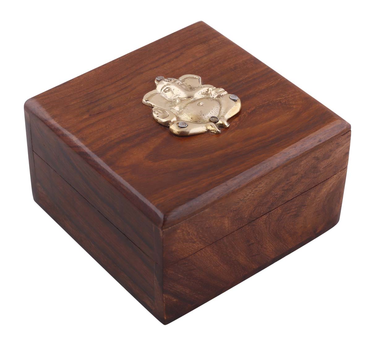 4” Ganesha Wooden Jewelry Box in Bulk - Wholesale Hand-Carved Jewelry Box/Trinket Box with Brass Motif of Lord Ganesha from India