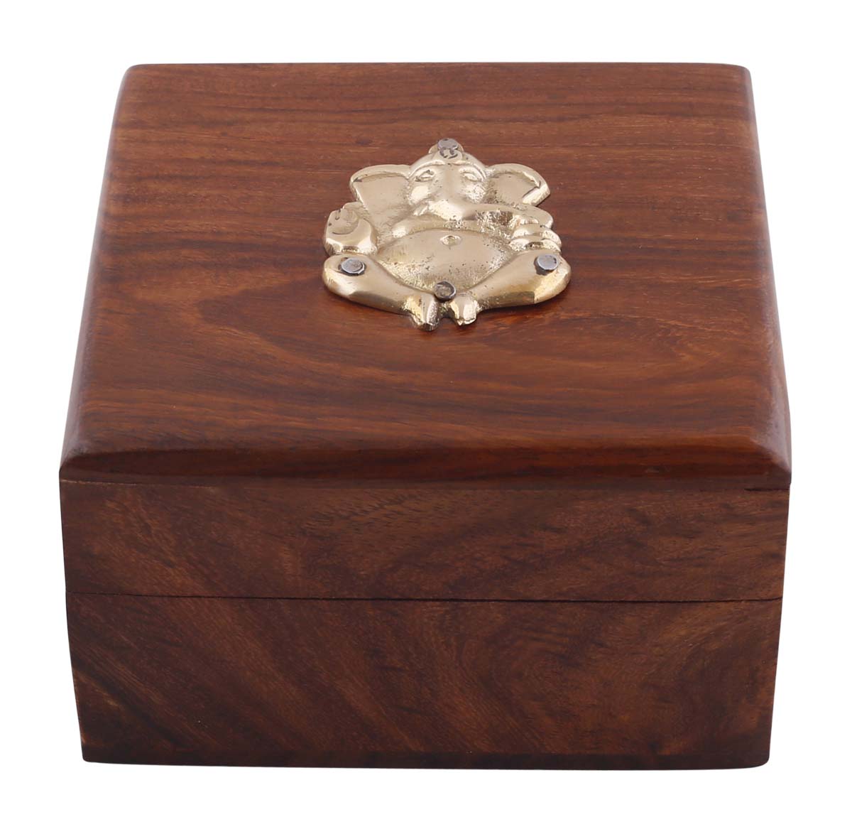 4” Ganesha Wooden Jewelry Box in Bulk - Wholesale Hand-Carved Jewelry Box/Trinket Box with Brass Motif of Lord Ganesha from India
