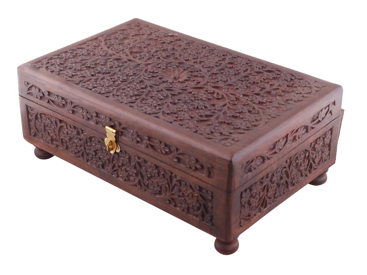 Bulk Buy Brown 11.9x7.5” Wooden Jewelry Box - Wholesale Hand-Carved Jewelry Box/Trinket Box with Intricate Floral Motif Carving from India