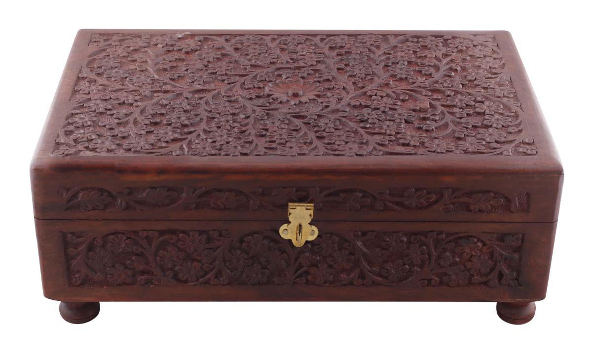 Bulk Buy Brown 11.9x7.5” Wooden Jewelry Box - Wholesale Hand-Carved Jewelry Box/Trinket Box with Intricate Floral Motif Carving from India