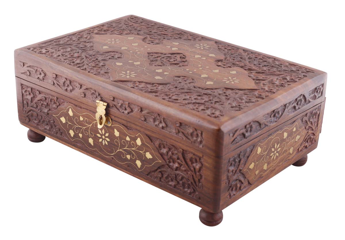 Source 11.9x7.9” Wooden Jewelry Box in Bulk - Wholesale Hand-Carved Jewelry Box/Trinket Box/Bangle Box with Intricate Floral Motif Carving & Brass Inlay Work from India