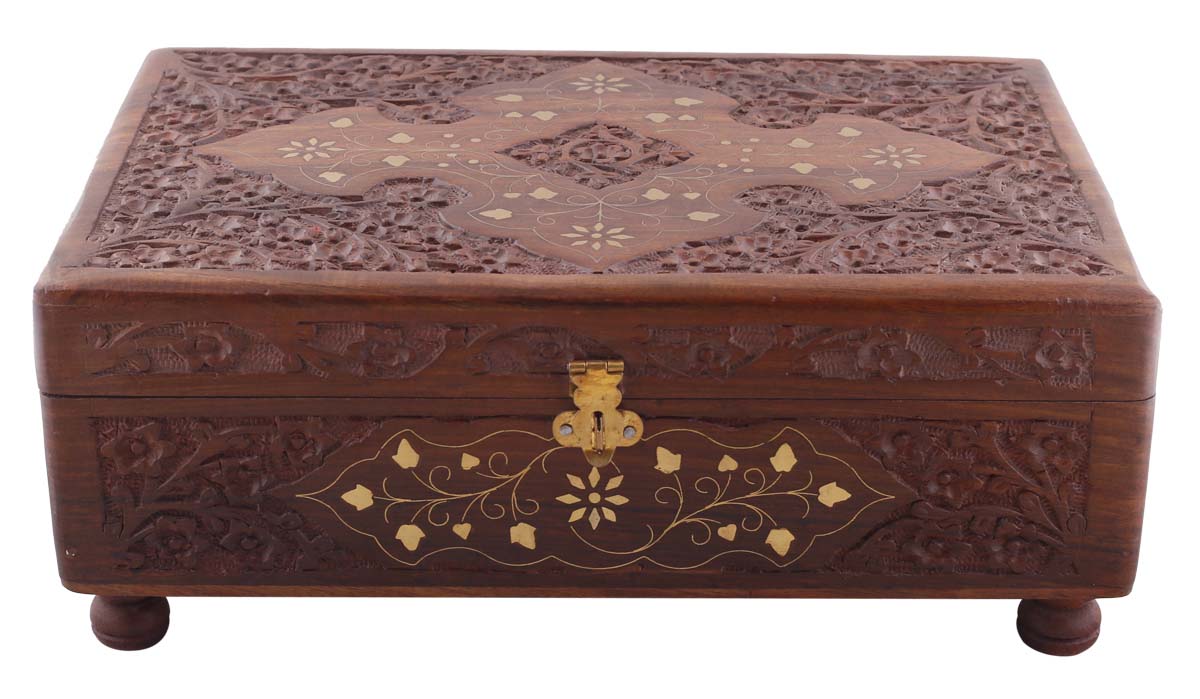 Source 11.9x7.9” Wooden Jewelry Box in Bulk - Wholesale Hand-Carved Jewelry Box/Trinket Box/Bangle Box with Intricate Floral Motif Carving & Brass Inlay Work from India