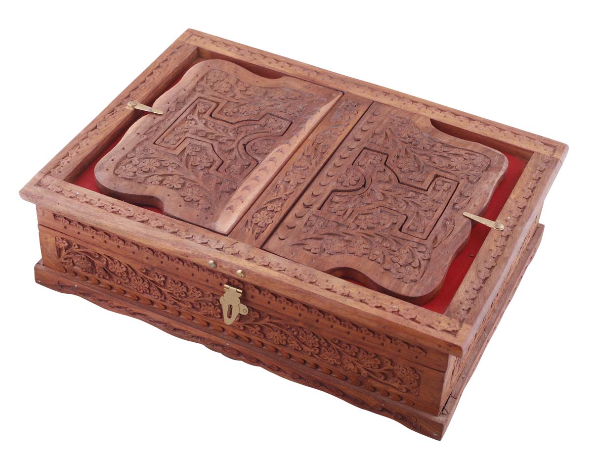 Bulk Wholesale Reading Book Stand with Book Box in Wood – 13.3” Hand-Carved Holy / Cook Book Box with Floral Motifs – Antique-Look Home Essentials / Gifts for Readers from India