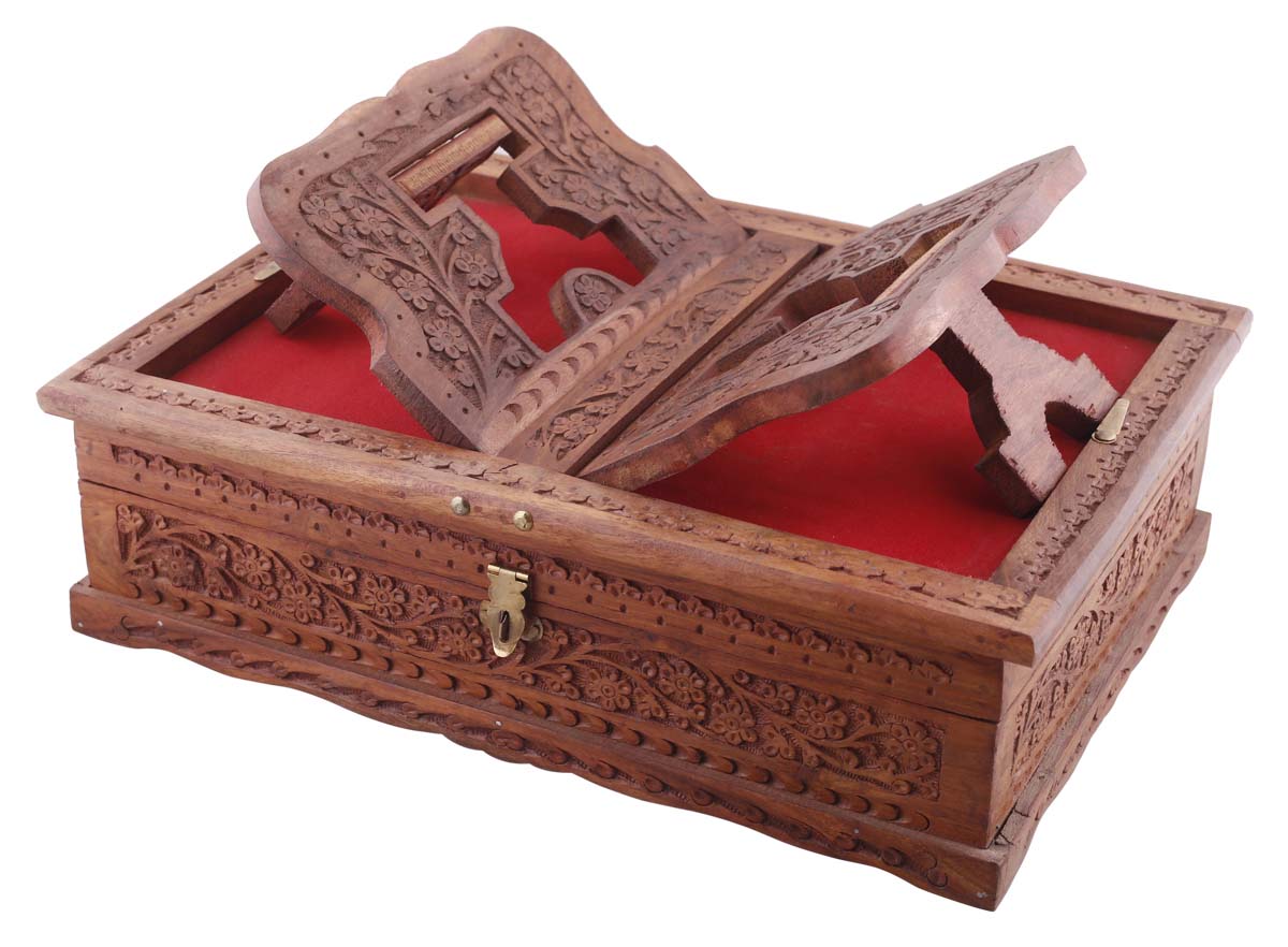 Bulk Wholesale Reading Book Stand with Book Box in Wood – 13.3” Hand-Carved Holy / Cook Book Box with Floral Motifs – Antique-Look Home Essentials / Gifts for Readers from India