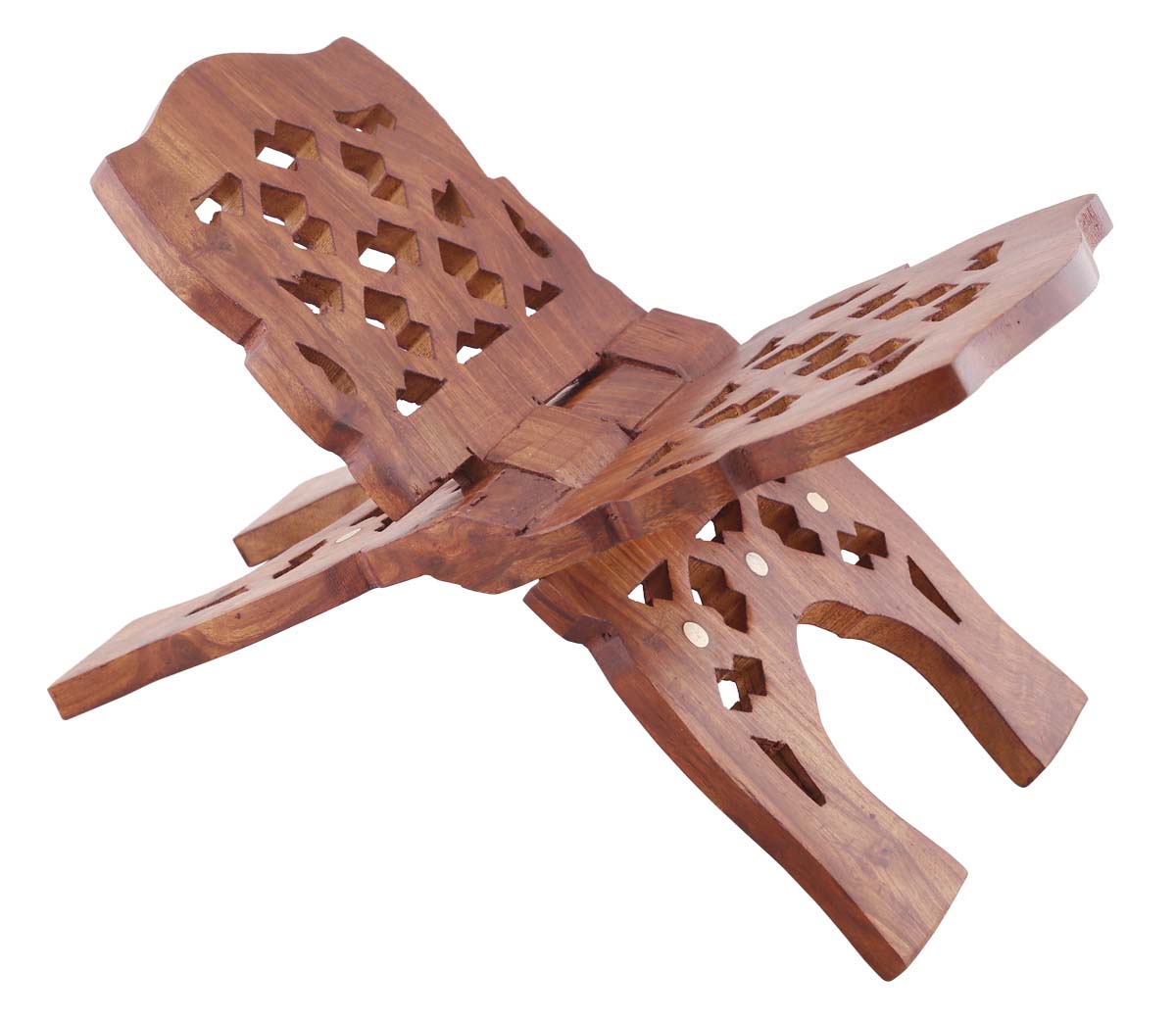 Bulk Wholesale Book Reading Stand in Wood – 12” Handcrafted Bible / Cook Book Rest with Lattice-Work Carving & Brass Inlay – Antique-Look Home Essentials / Gifts for Readers from India